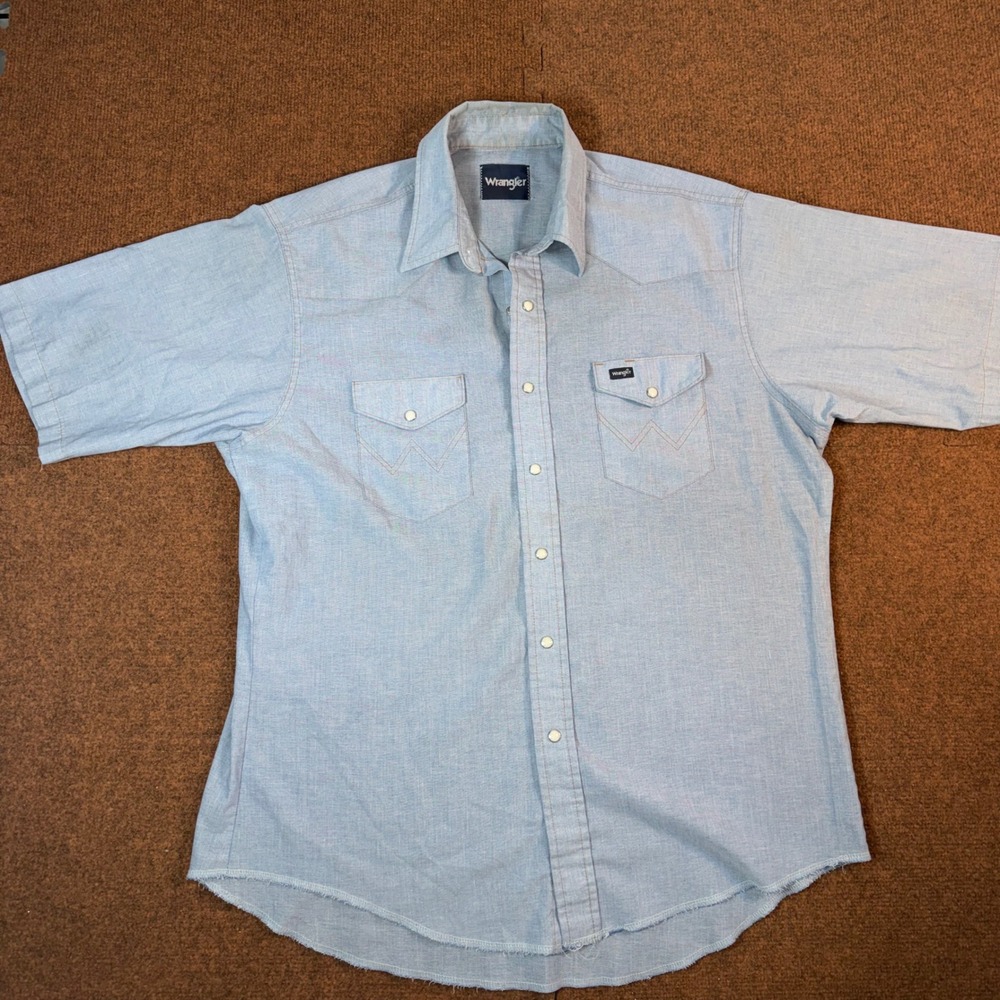 Wrangler Western Pearl Snap Shirt Mens Short Sleeve Blue Chambray Workwear 2626